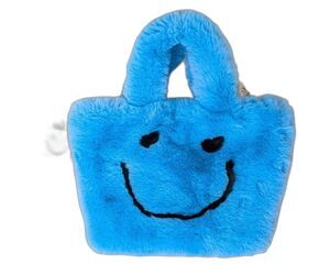 Blue Faux Fur Happy Face Emoji Purse Handbag Girls Teens